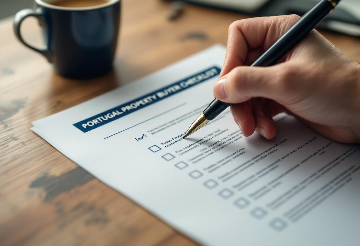 Hand ticking items on a printed Portugal property buyer legal checklist