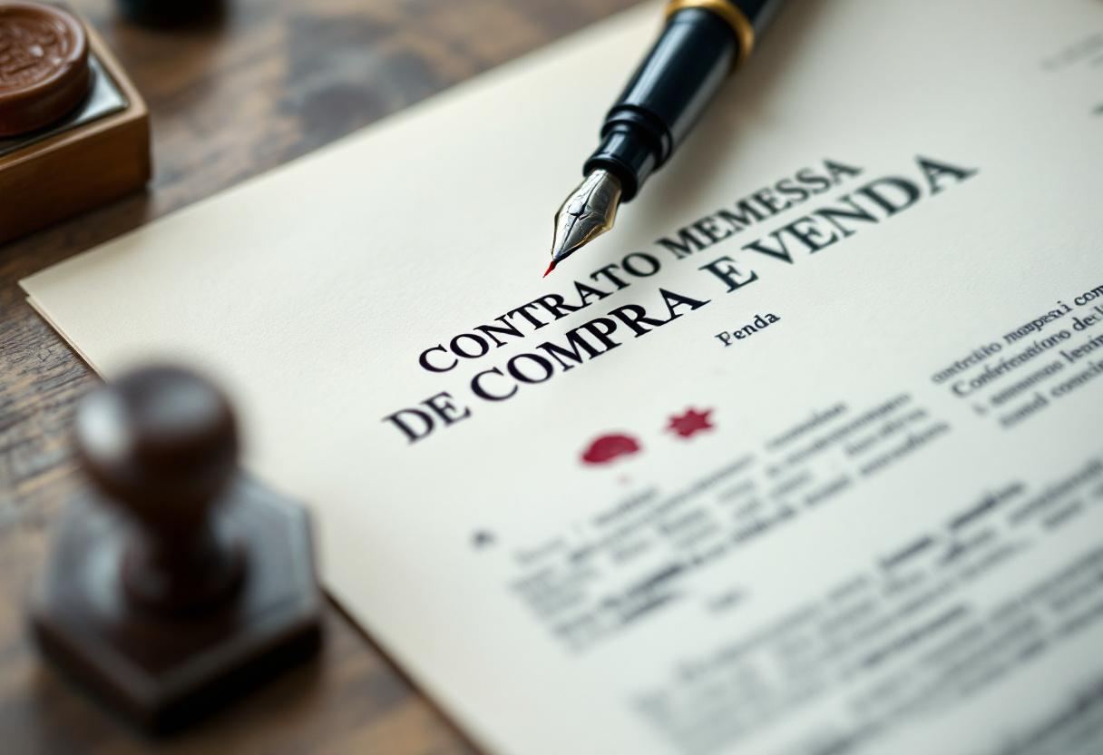 Contrato Promessa de Compra e Venda close-up with fountain pen and wax seal
