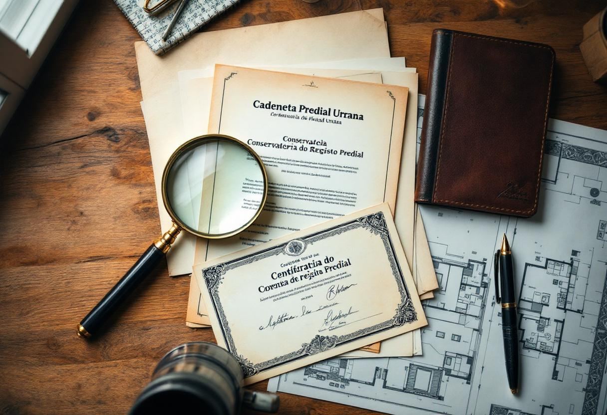 Brass magnifying glass over Portuguese property documents and Caderneta Predial — due diligence review