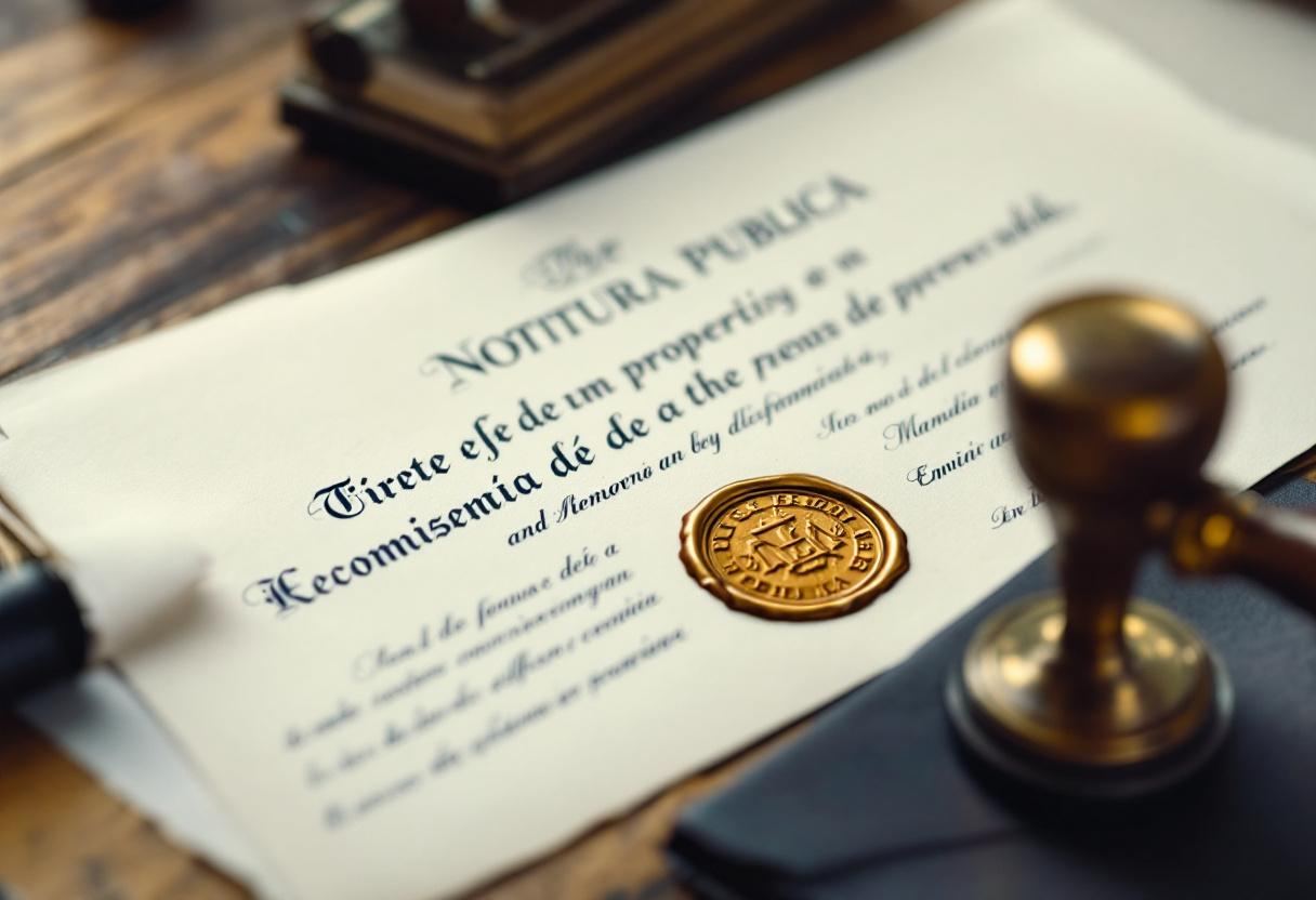 Notary embossed seal on Portuguese property deed — escritura pública