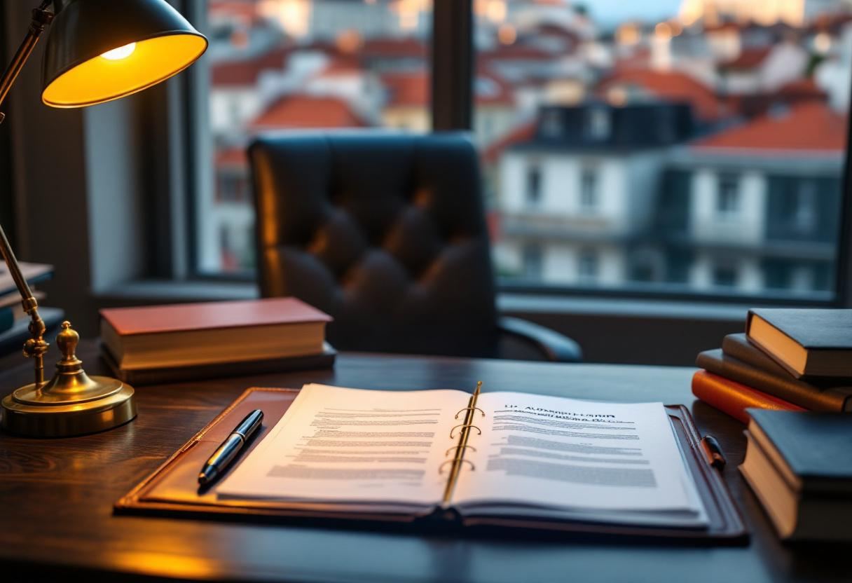 Portuguese property lawyer's office desk with legal documents and Lisbon view