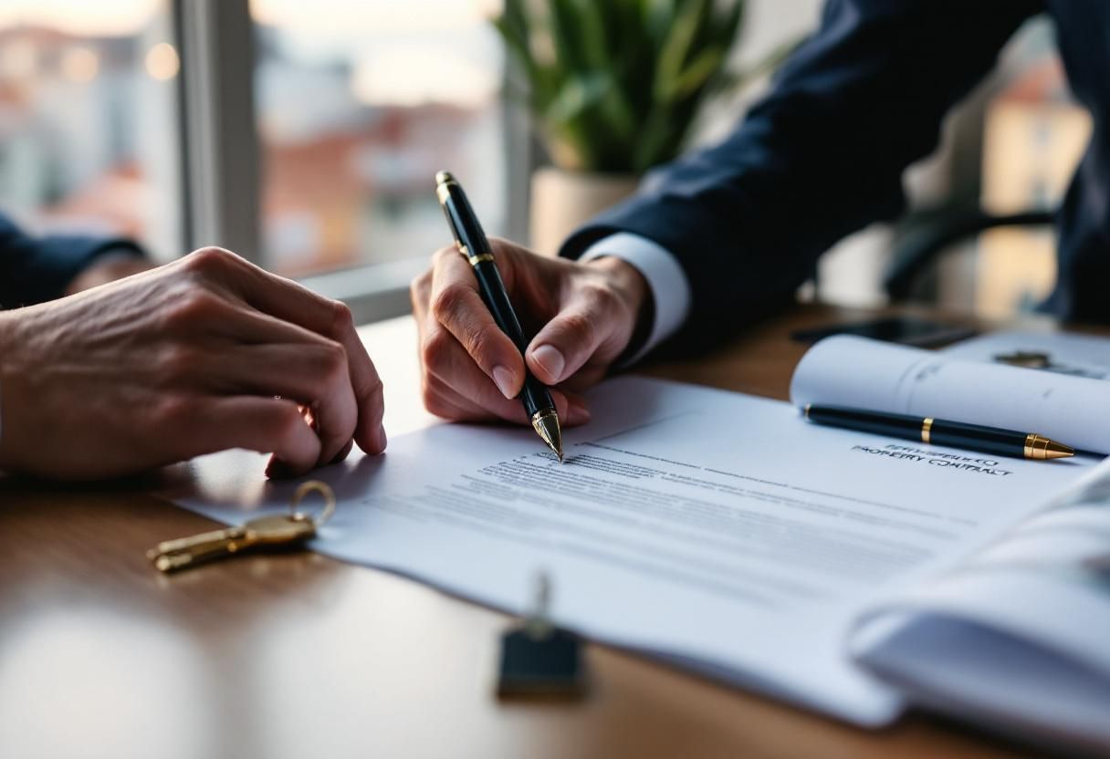Property lawyer reviewing a Portuguese property contract in an office overlooking Lisbon