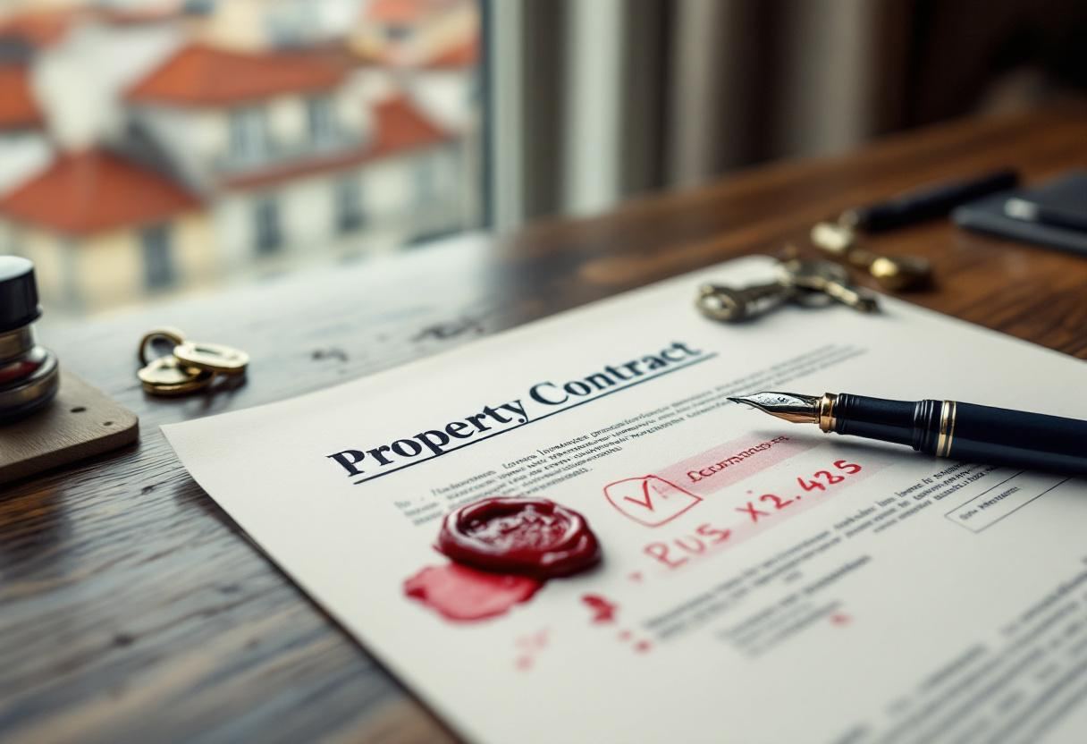 Property contract with red correction marks and broken wax seal — common pitfalls foreign buyers face in Portugal