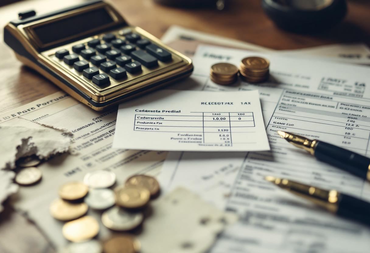 Calculator and Euro coins on Portuguese property documents — IMI annual property tax
